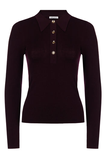 Burgundy Ribbed Button Polo Pullover - view 1