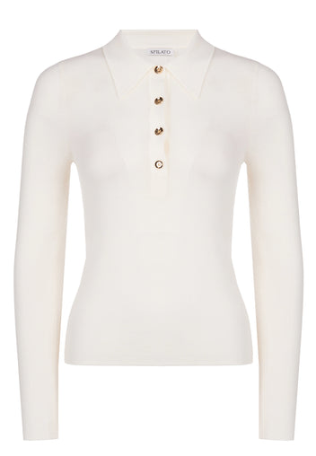 Ivory Ribbed Button Polo Pullover - view 1