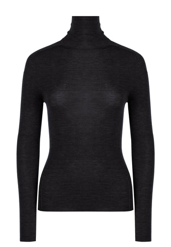 Black Fine-Rib Turtleneck Knit Top - view 1
