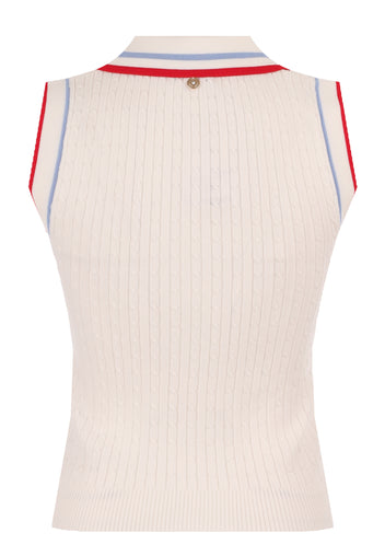 Ivory Sleeveless Striped-Collar Knit Top - view 2