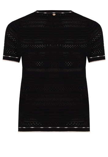 Black Pointelle Contrast-Trim Knit Top - view 2
