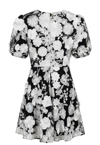 Black Floral Puff-Sleeve Mini Dress - view 3