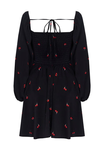 Black Embroidered Puff-Sleeve Mini Dress - view 2