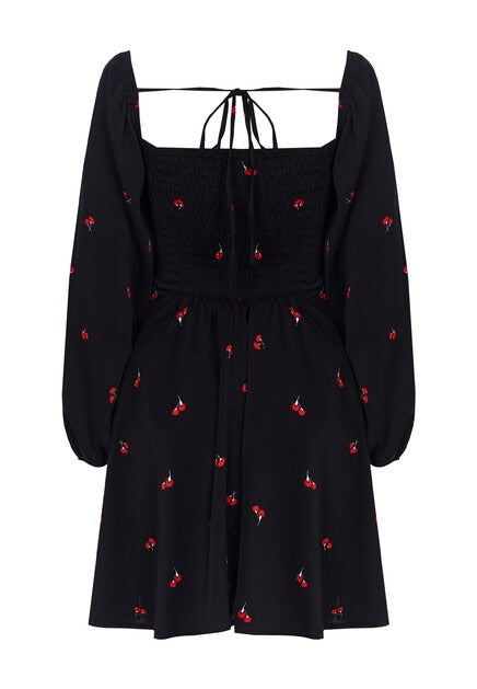 Black Embroidered Puff-Sleeve Mini Dress - view 2