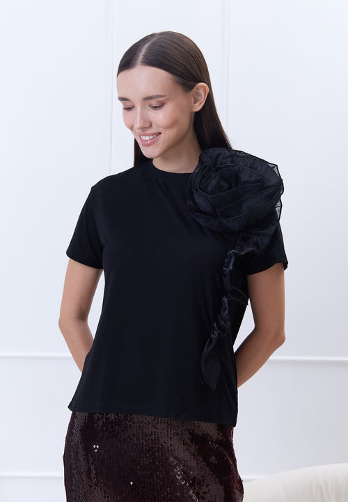 Black Floral-Applique Shoulder T-Shirt - view 2