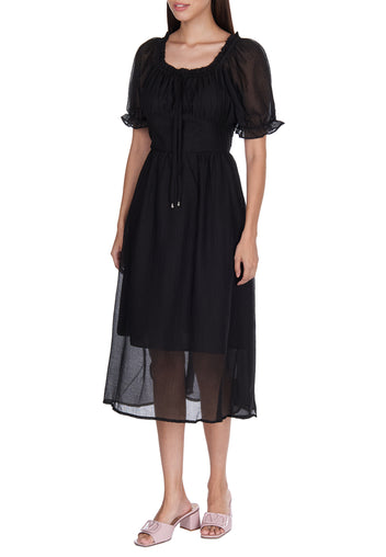 Black Sheer-Hem Puff-Sleeve Midi Dress - view 4