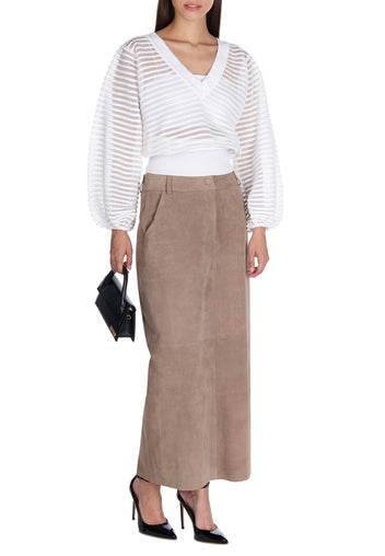 Taupe Suede Pencil Midi Skirt - view 2