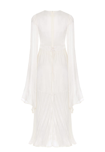 White Pleated Long-Sleeve Wrap Midi Dress - view 4