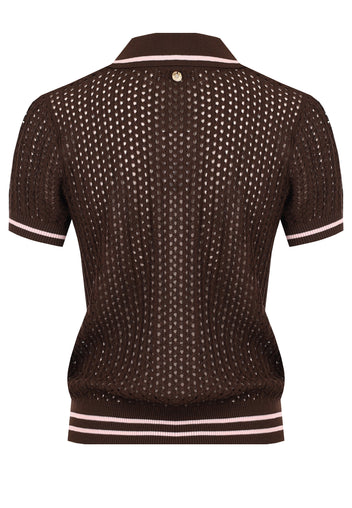 Brown Open-Knit Polo Pullover - view 2