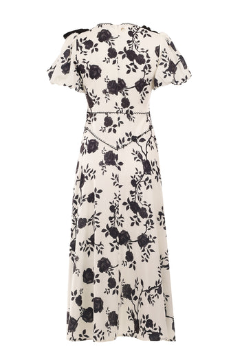 Ivory Black Floral Tie-Neck Midi Dress - view 2