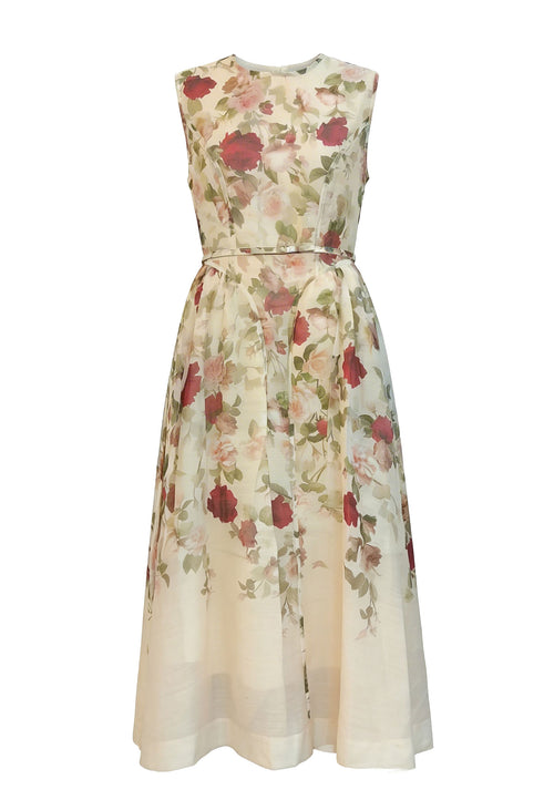 Beige Floral Sleeveless Midi Dress - view 1
