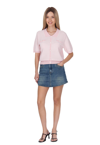 Pink Short-Sleeve Button Knit Cardigan - view 2