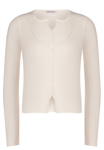 Ivory Ribbed V-Neck Knit Cardigan - view 1