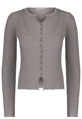 Taupe Ribbed V-Neck Knit Cardigan - view 1