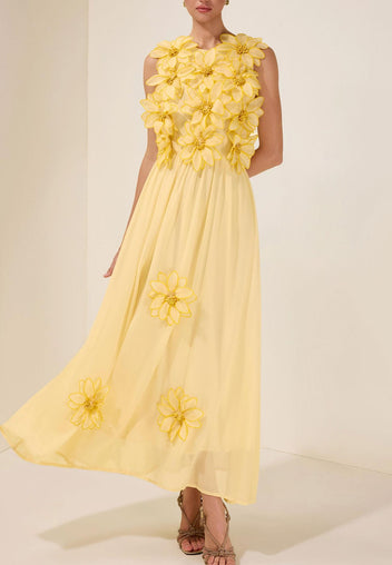Butter Yellow Floral Applique Maxi Dress - view 3