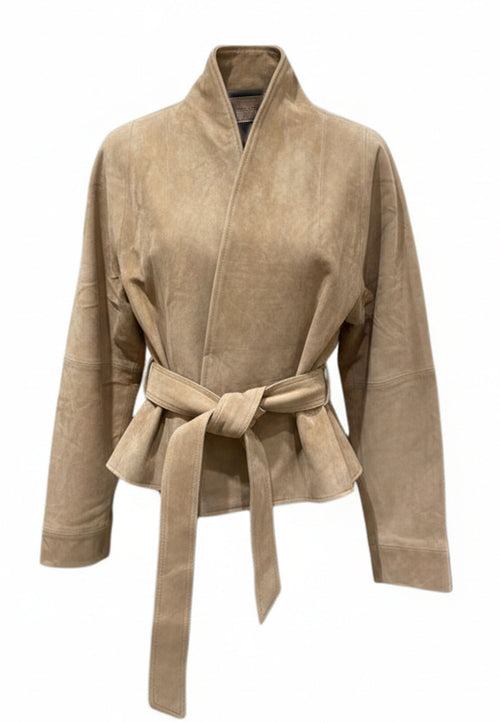 Beige Belted Suede Jacket