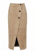 Beige Suede Button-Front Pencil Skirt