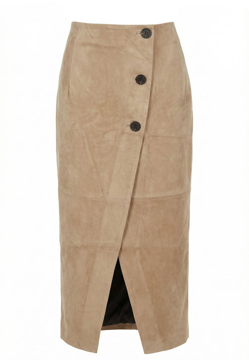 Beige Suede Button-Front Pencil Skirt