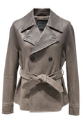 Taupe Double-Breasted Belted Leather Blazer