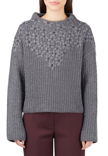 Gray Embellished Yoke Knit Sweater - view 2