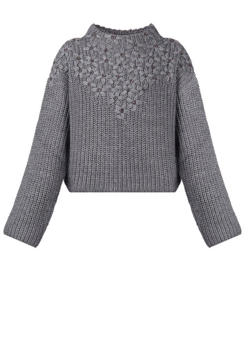 Gray Embellished Yoke Knit Sweater - view 1