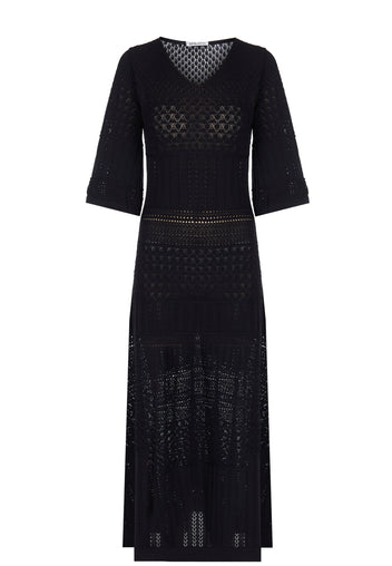 Black Open-Knit V-Neck Midi Dress - view 1