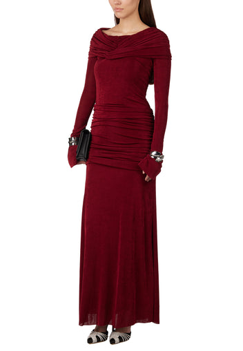 Burgundy Off-Shoulder Ruched Maxi Dress - view 8