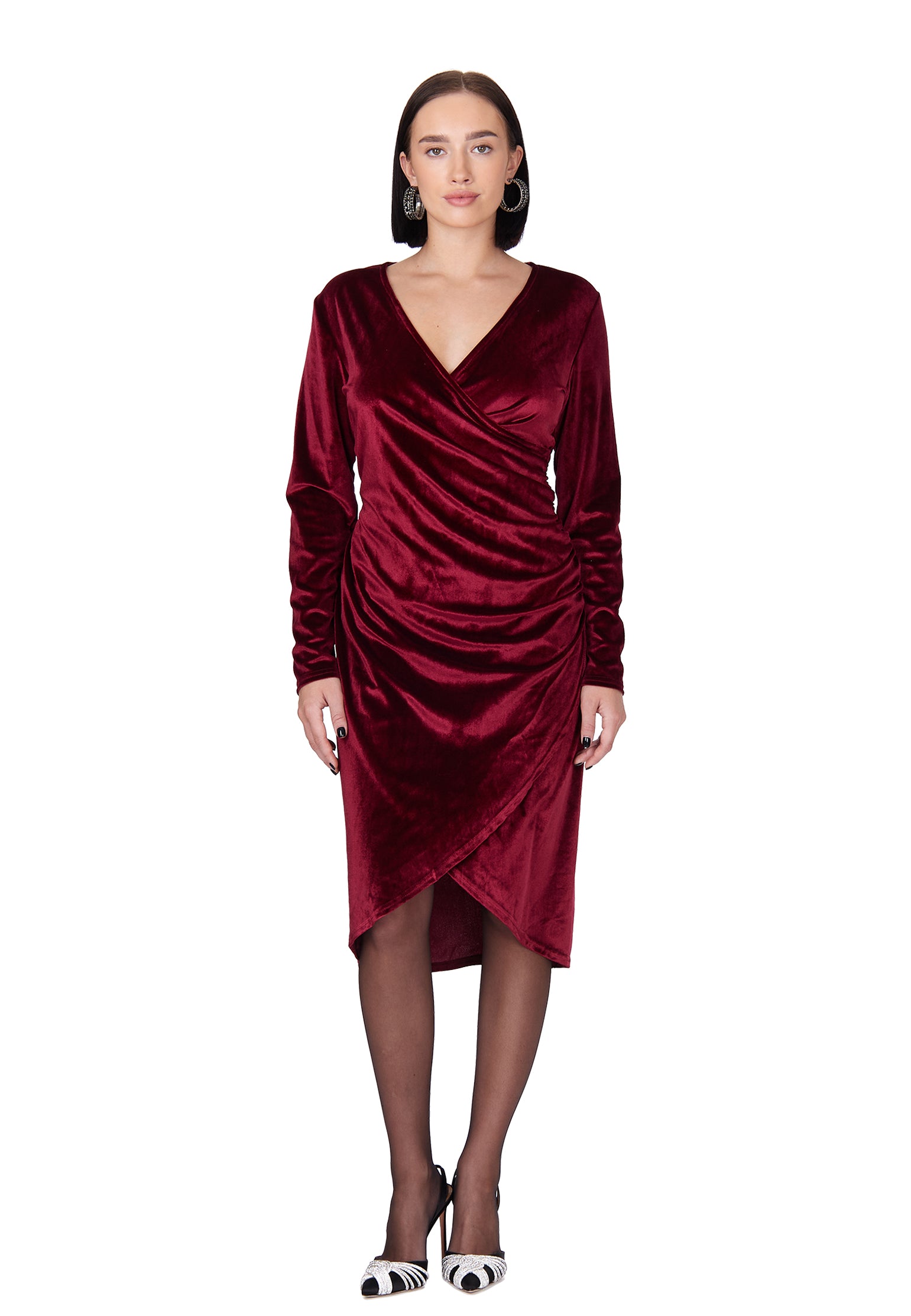 Burgundy Velvet Wrap Midi Dress | Sfilato