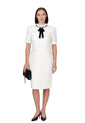 White Bow-Neck Puff-Sleeve Mini Dress - view 3