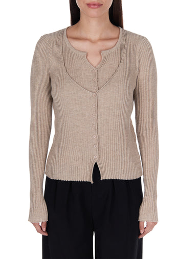 Taupe Ribbed Button Knit Cardigan - view 4
