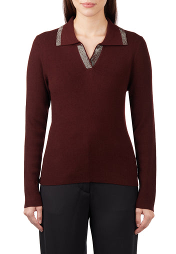 Burgundy Contrast-Collar Knit Polo - view 5