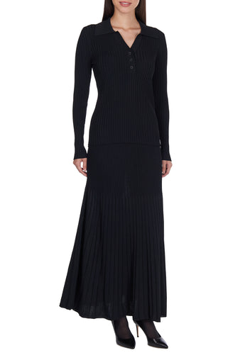 Black V-Neck Knit Pleated Skirt Set - view 4