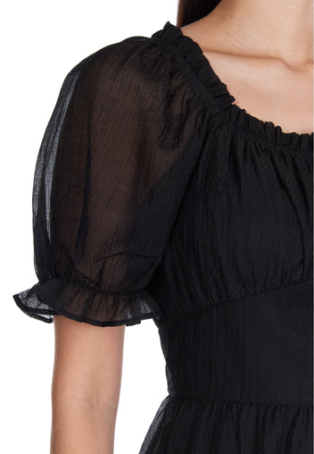 Black Sheer-Hem Puff-Sleeve Midi Dress - view 6