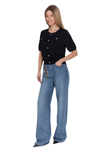 Black Short-Sleeve Pearl-Button Knit Cardigan - view 4