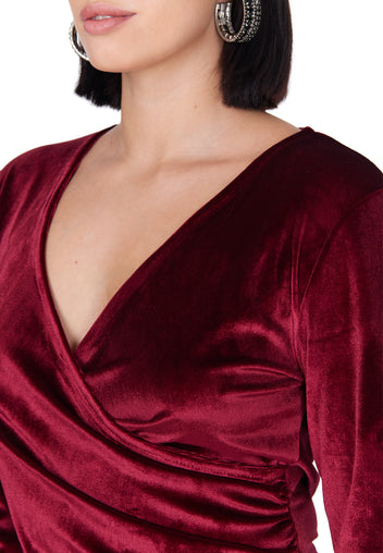 Burgundy Velvet Wrap Midi Dress - view 4
