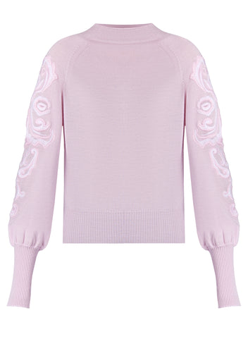 Pink Embroidered-Sleeve Knit Pullover - view 1