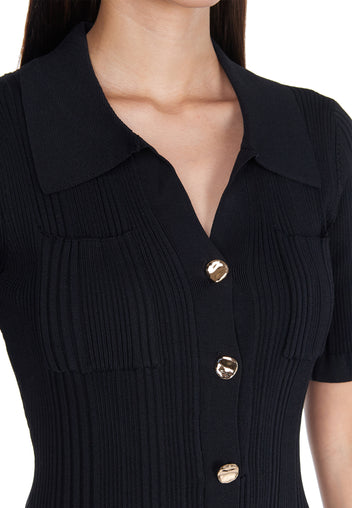 Black Ribbed Gold-Button Knit Mini Dress - view 6