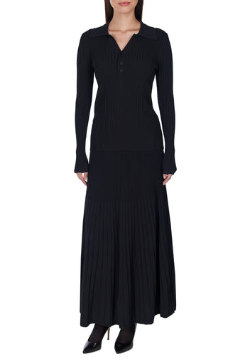 Black V-Neck Knit Pleated Skirt Set - view 2