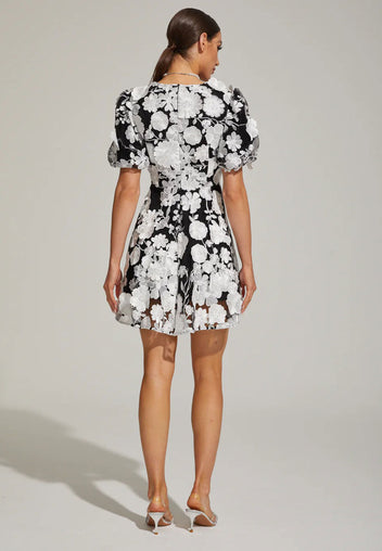 Black Floral Puff-Sleeve Mini Dress - view 2