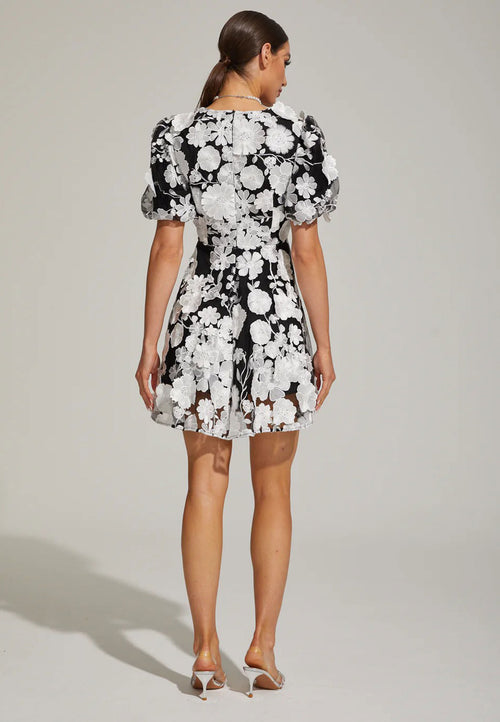 Black Floral Puff-Sleeve Mini Dress - view 2