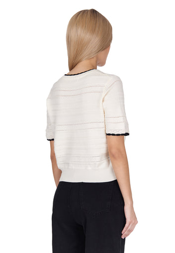 Ivory Contrast-Trim Open-Knit Tee - view 6