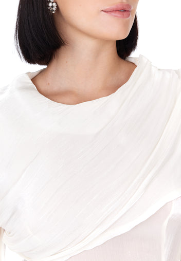 White Pleated Long-Sleeve Wrap Midi Dress - view 3