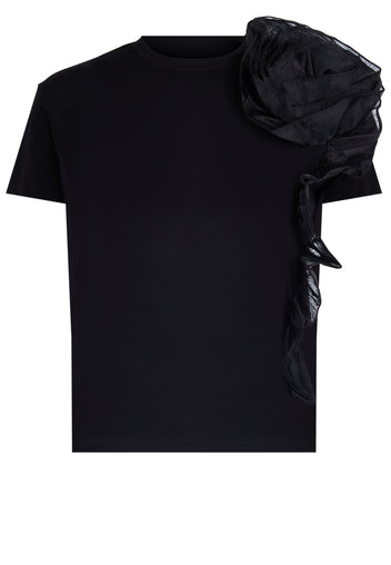 Black Floral-Applique Shoulder T-Shirt - view 1