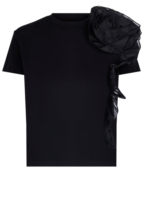 Black Floral-Applique Shoulder T-Shirt - view 1