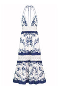 Blue Porcelain Halter Maxi Dress