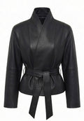Black Belted Leather Wrap Jacket