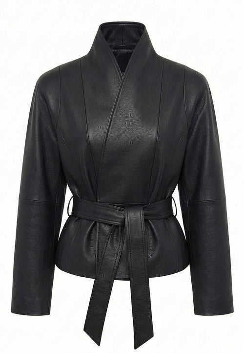 Black Belted Leather Wrap Jacket