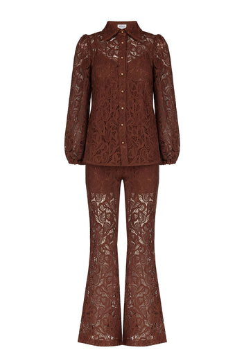Brown Lace Shirt and Trouser Set - view 1