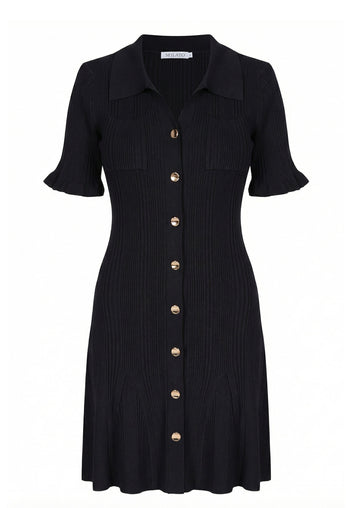 Black Ribbed Gold-Button Knit Mini Dress - view 1