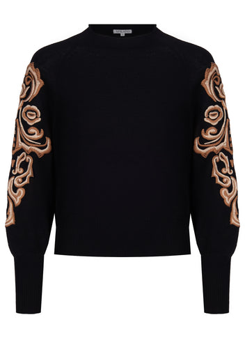 Black Embroidered-Sleeve Knit Pullover - view 1
